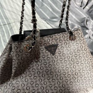 GUESS Monogrammed Black and Cream Shoulder Bag